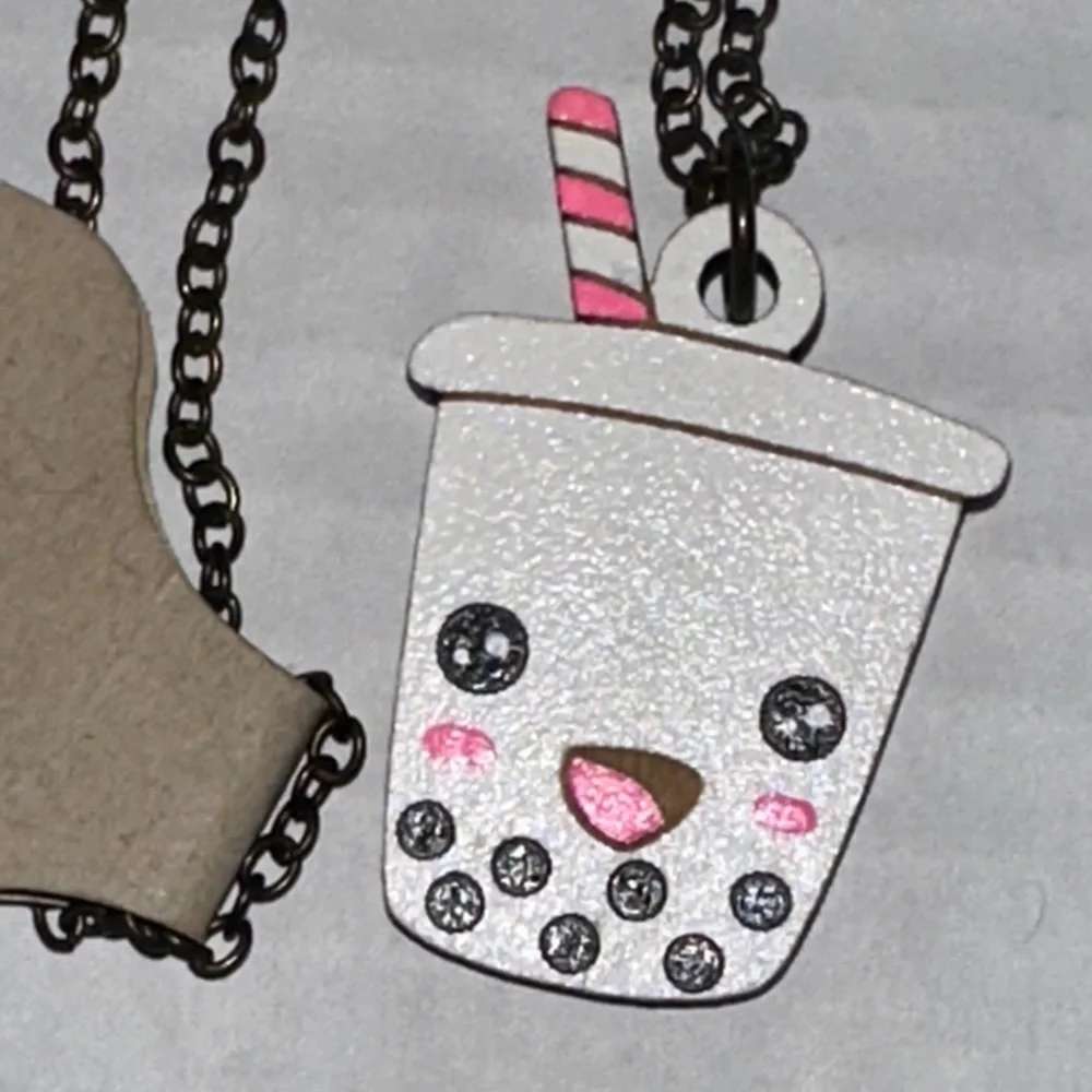 Boba Tea Necklace - White and Pink Hand cut wood